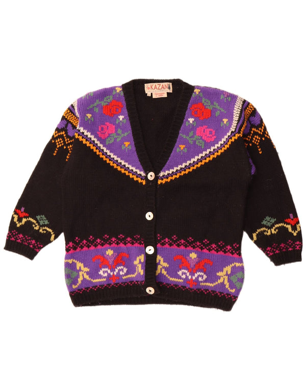 vintage Femme Cardigan surdimensionné Pull UK 14 Laine florale noire moyenne