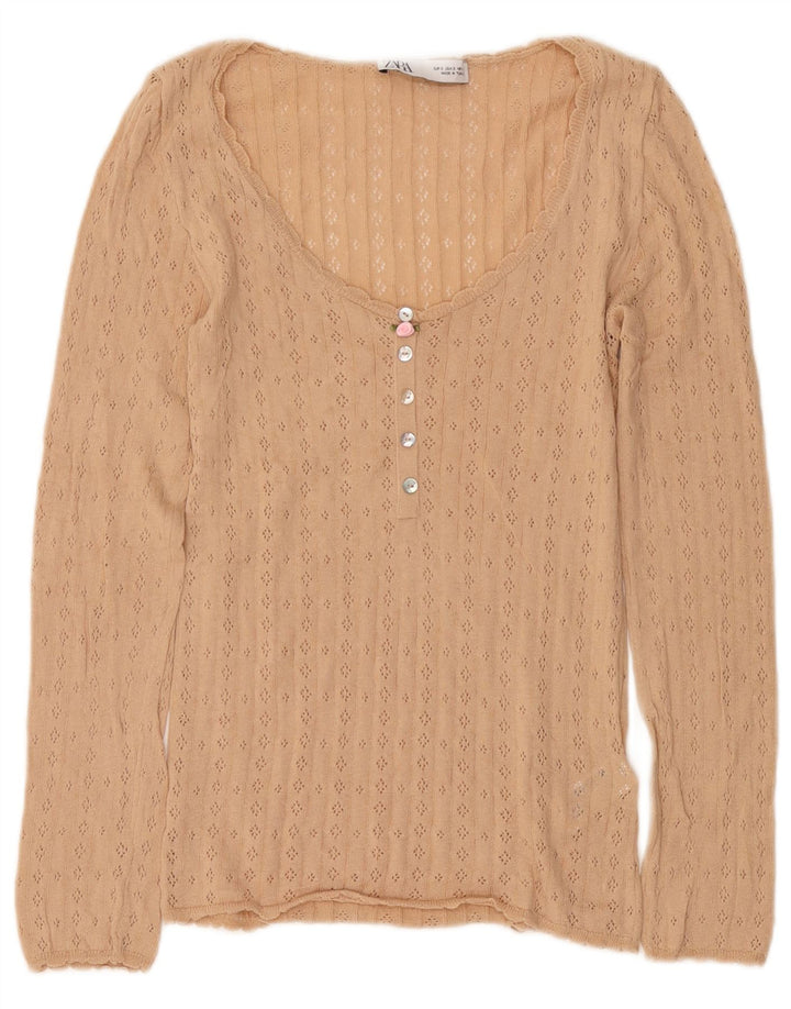 Zara Femme Top Manches Longues UK 10 Petit Coton Beige