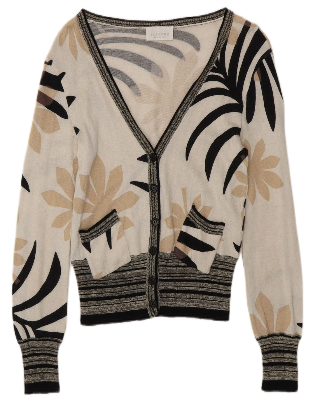 ICEBERG Cardigan Femme Pull UK 6 XS Blanc Cassé Floral Coton