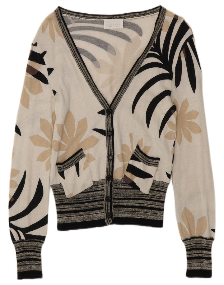 ICEBERG Cardigan Femme Pull UK 6 XS Blanc Cassé Floral Coton