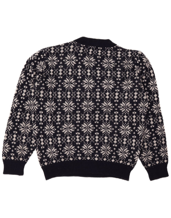 vintage Mens Crew Neck Jumper Pull Grand Bleu Marine Fair Isle