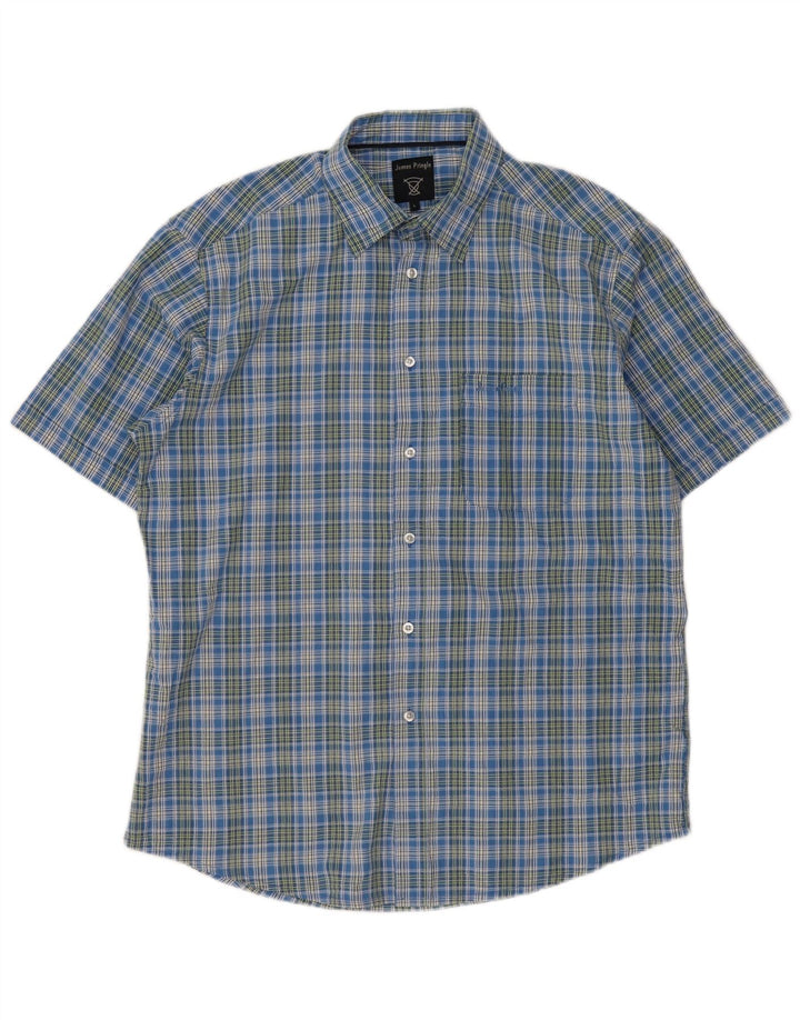 James Pringle Chemise à manches courtes pour homme en polyester à grands carreaux bleus