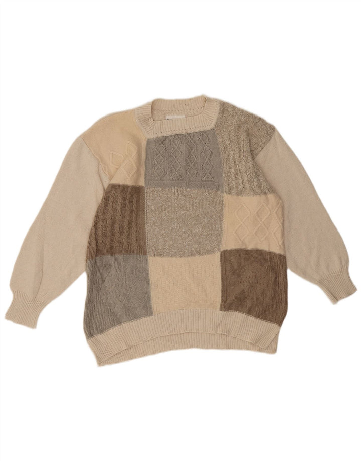 vintage Femme Crew Neck Jumper Pull EU 42 Grand Beige Patchwork