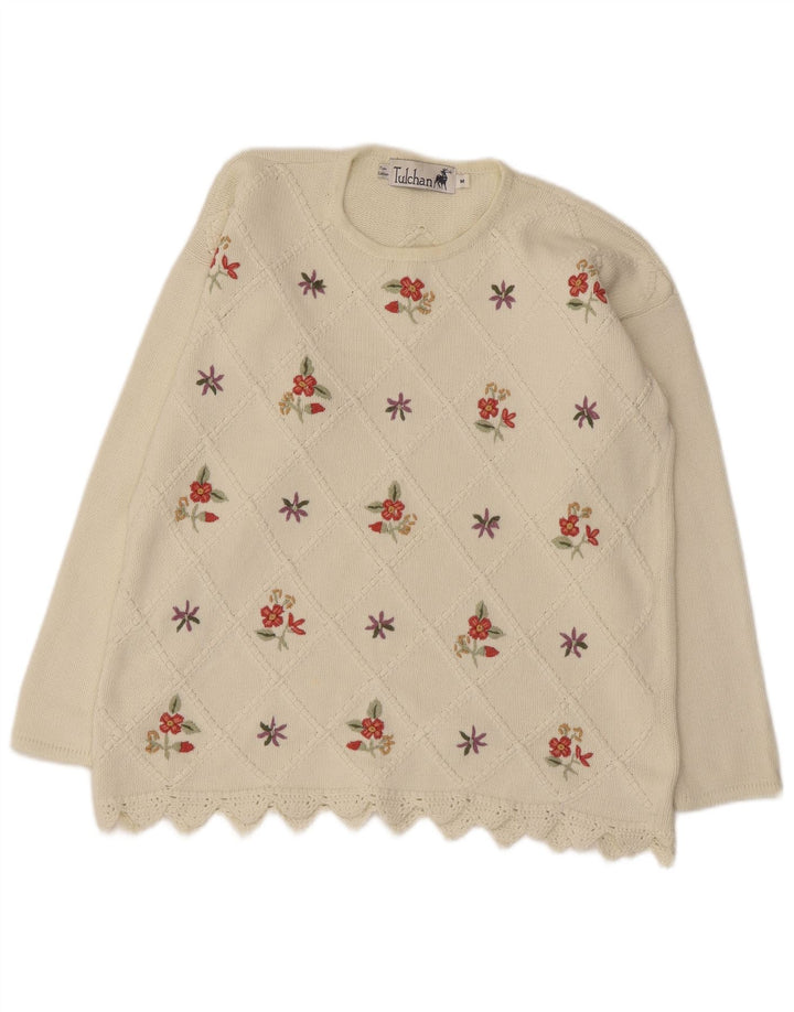 TULCHAN Pull à col rond pour femme UK 14 en coton floral blanc moyen