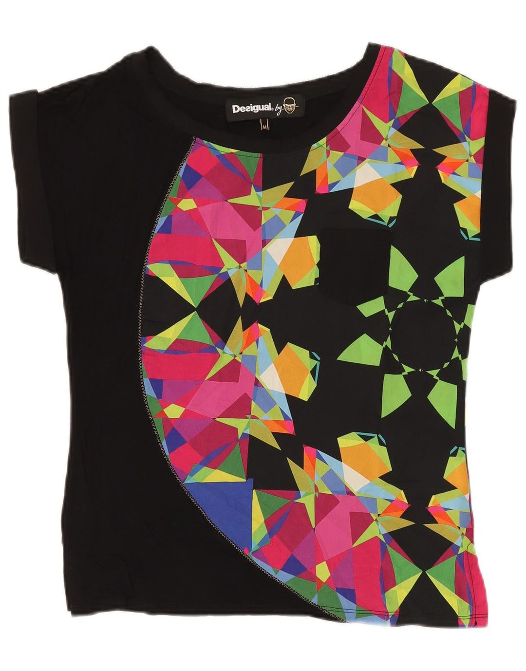 Desigual T-Shirt Femme Top UK 12 Moyen Noir Géométrique