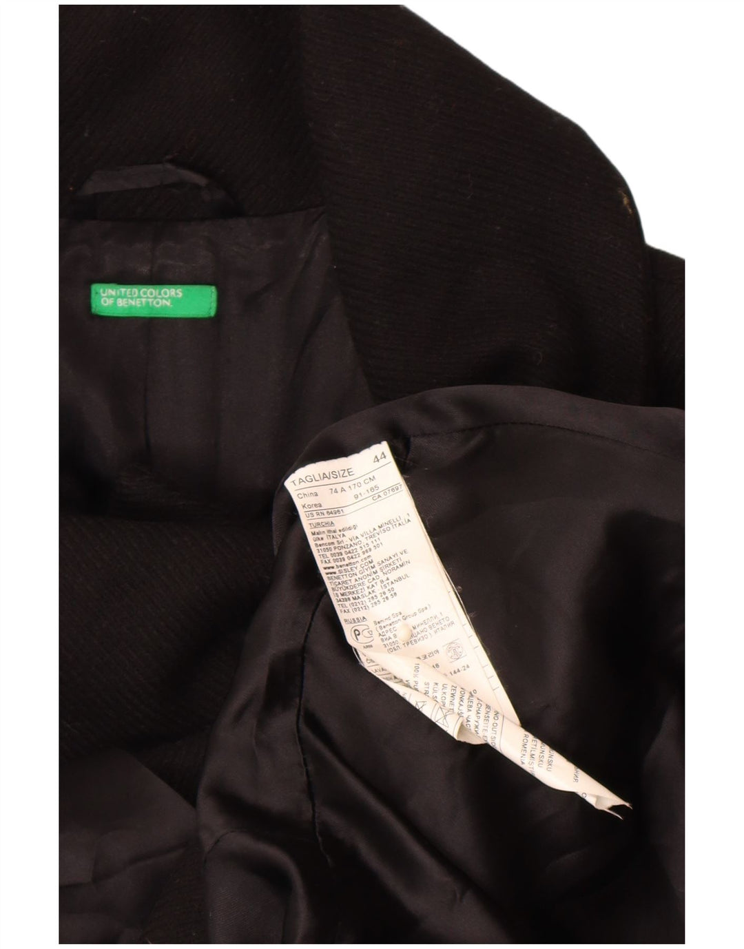 Benetton Manteau Croisé Femme IT 44 Laine Vierge Noir Moyen