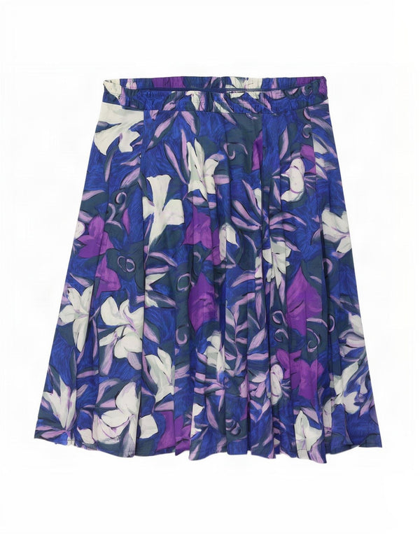 Vintage Womens Pleated Skirt UK 18 XL W38 Blue Floral Nylon