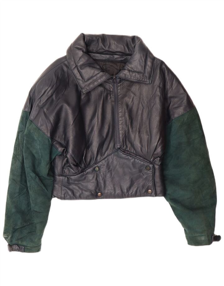 VINTAGE Veste en cuir crop femme UK 6 XS Bleu Marine