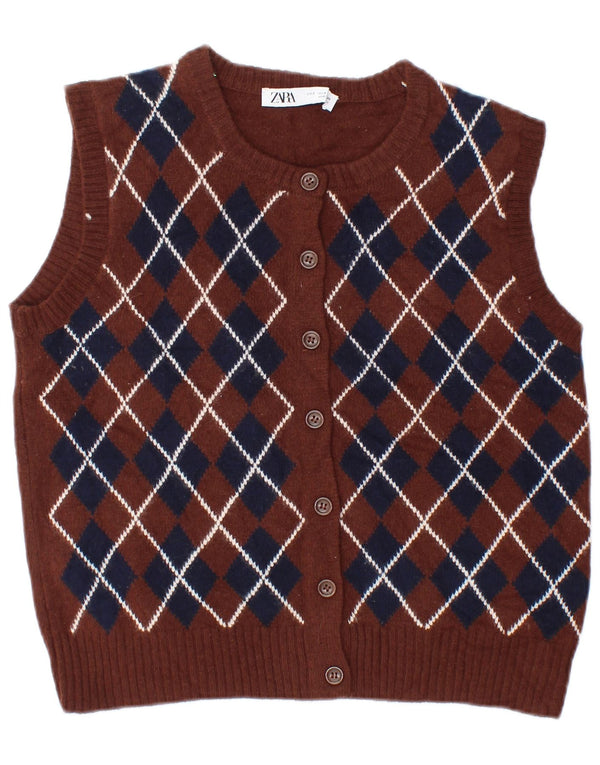 Zara Cardigan sans manches pour femme UK 10 Petit Marron Argyle/Diamant