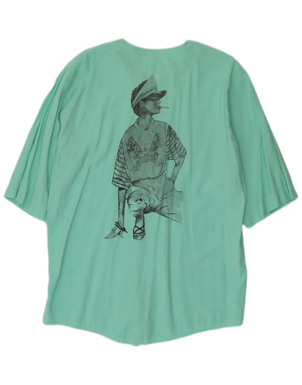 vintage Femme Graphique Chemise À Manches Courtes Blouse UK 16 Grande Viscose Verte