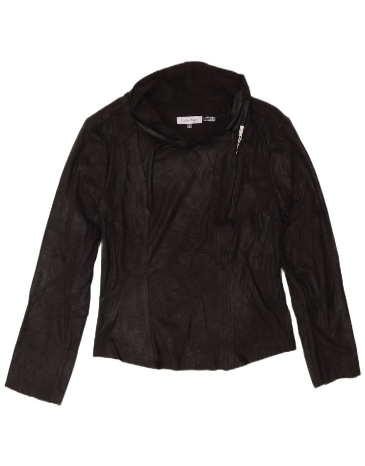 Calvin Klein Veste bomber en similicuir pour femme UK 10 Petit motard noir