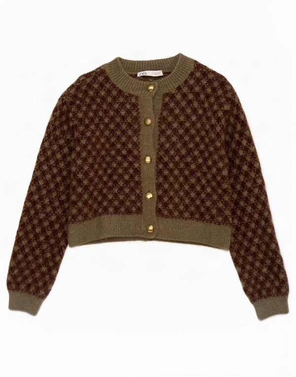 Zara Womens Crop Cardigan Sweater UK 10 Petit Kaki Géométrique Acrylique
