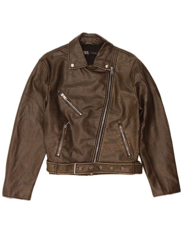 Zara Veste de motard en similicuir pour femme UK 14 en polyéthylène marron moyen