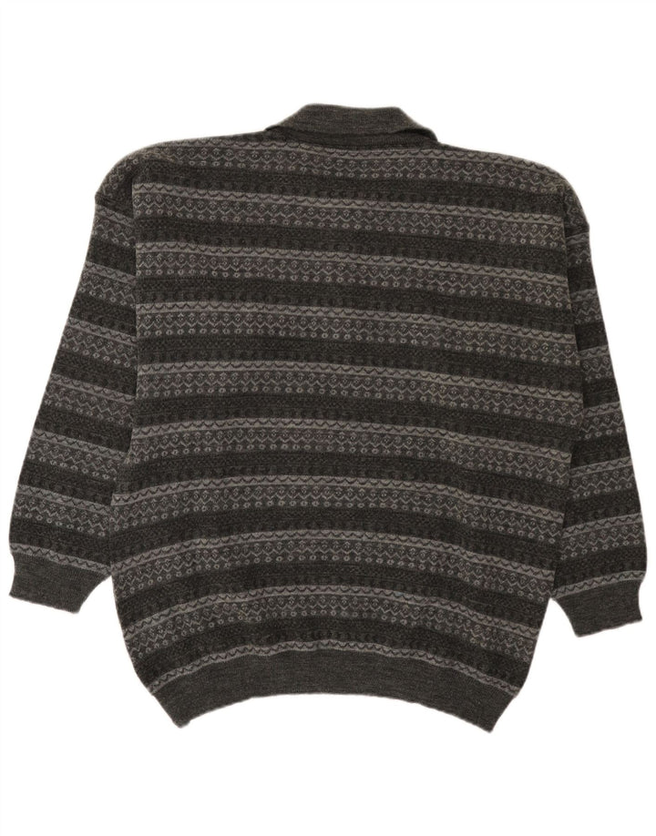vintage Mens Polo Neck Jumper Pull Grand Gris Rayé