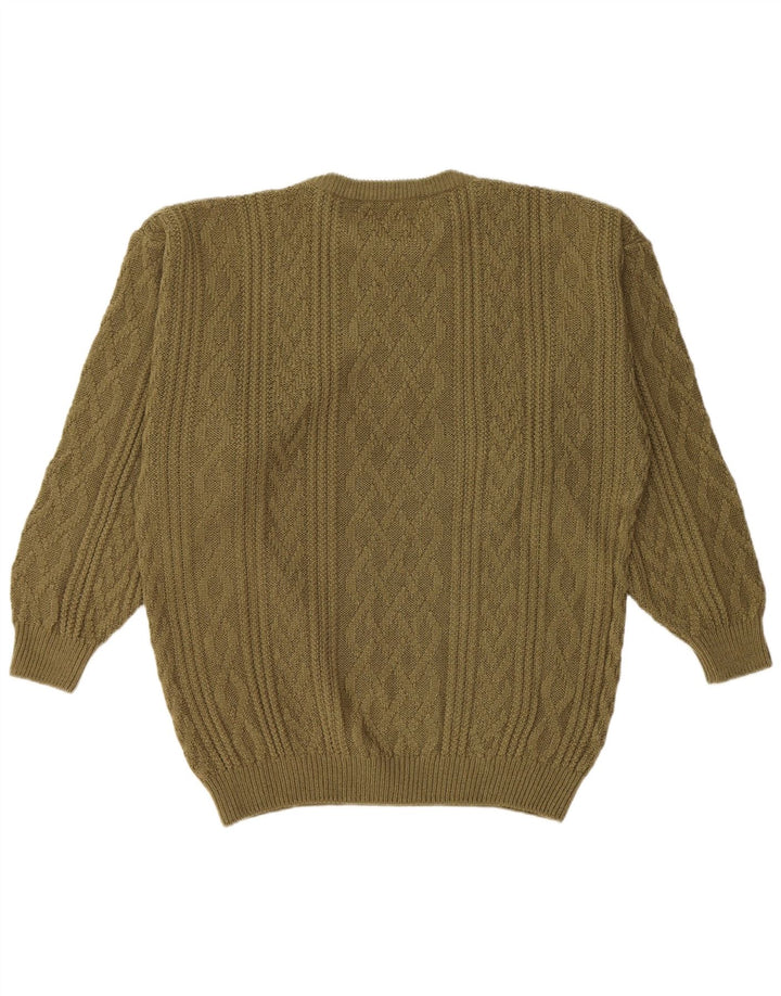 vintage Mens Crew Neck Jumper Pull Grand Kaki Acrylique
