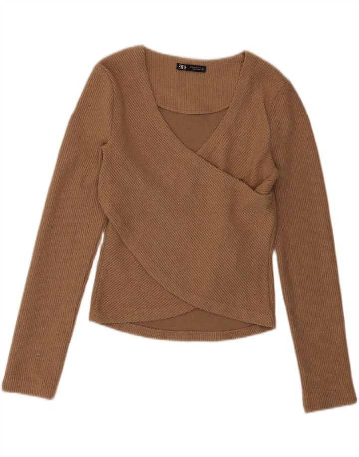 Zara Femme Crop Top Manches Longues UK 8 Petit Marron Polyester