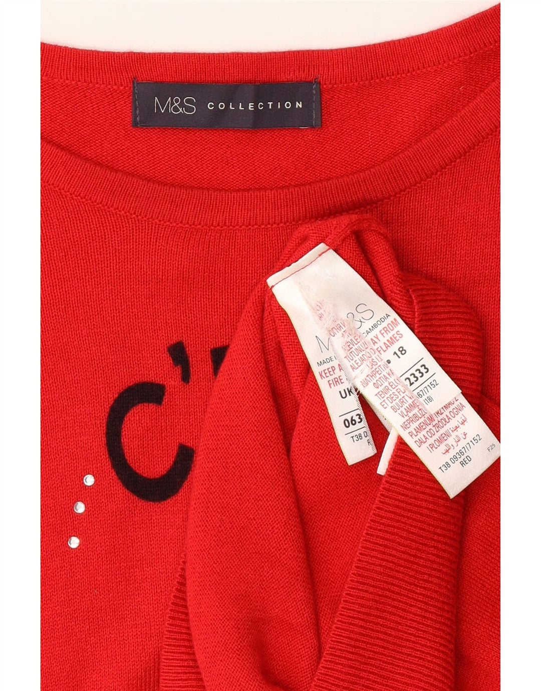 MARKS & SPENCER Pull graphique à col bateau pour femme UK 18 XL Rouge
