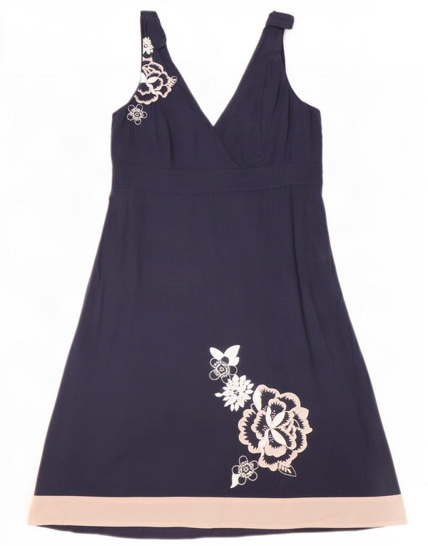 Monsoon Womens Sleeveless A-Line Dress UK 16 Large Navy Blue Floral Cotton