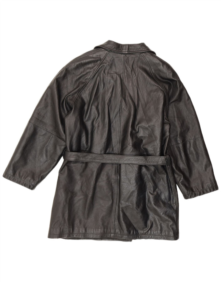 ANTICA PELLERIA Manteau double boutonnage pour femme UK 16 Grand cuir noir