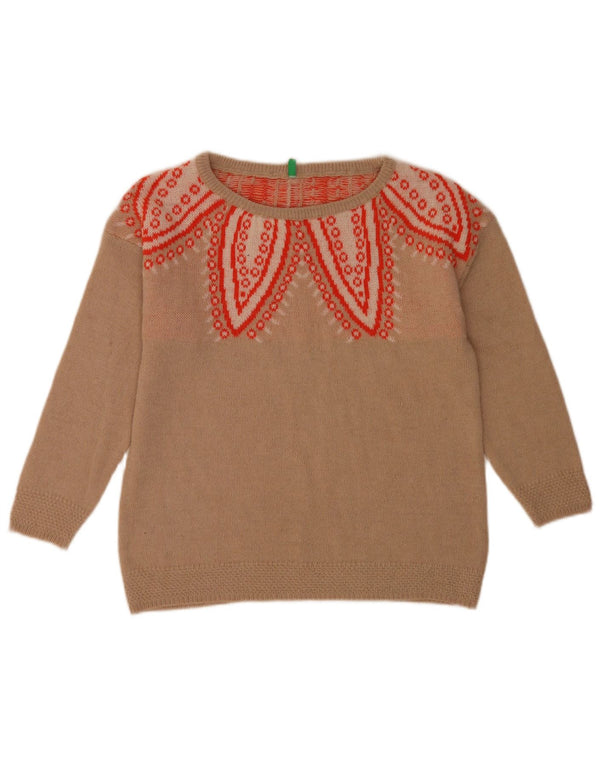 Benetton Pull à col rond à motif abstrait pour femme UK 10 Petit Beige