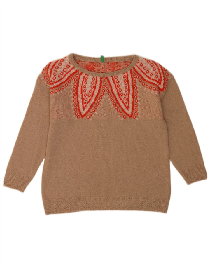 Benetton Pull à col rond à motif abstrait pour femme UK 10 Petit Beige