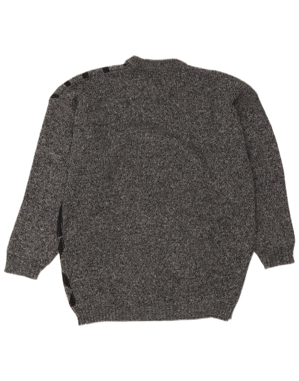 vintage Mens Crew Neck Jumper Pull Moyen Gris Géométrique Acrylique