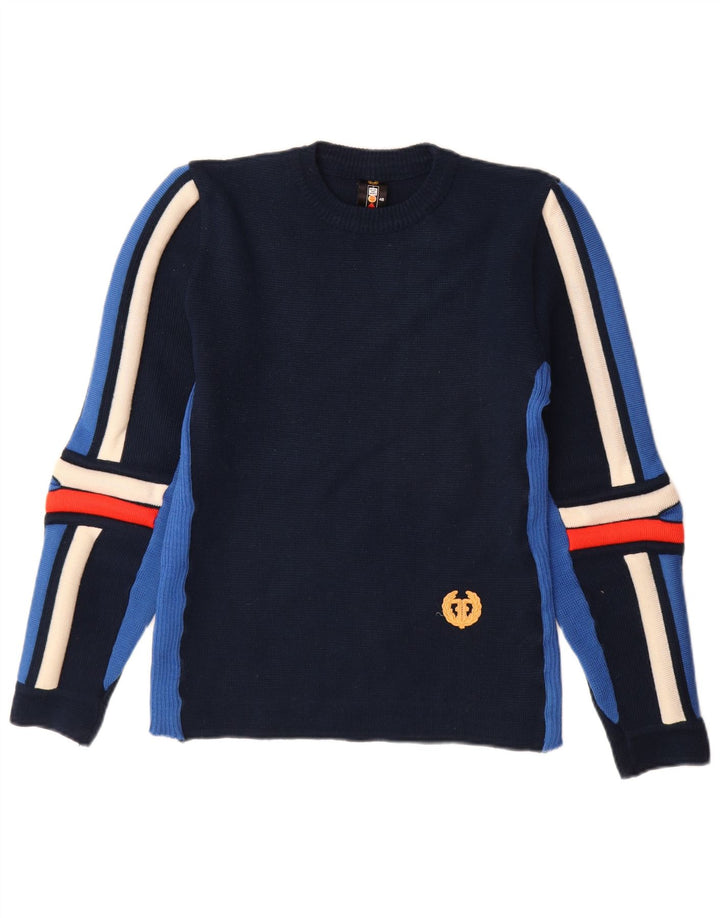 vintage Mens Crew Neck Jumper Sweater IT 48 Medium Navy Blue Colourblock
