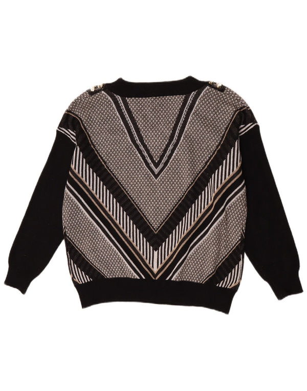 vintage Femme V-Col Jumper Pull UK 14 Grand Polyester Rayé Noir