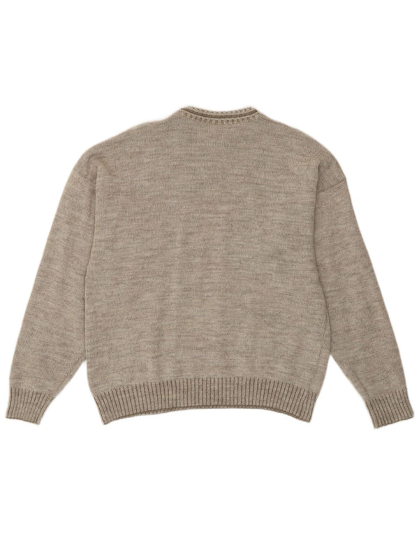 vintage Mens Crew Neck Jumper Pull Moyen Gris Géométrique Rétro