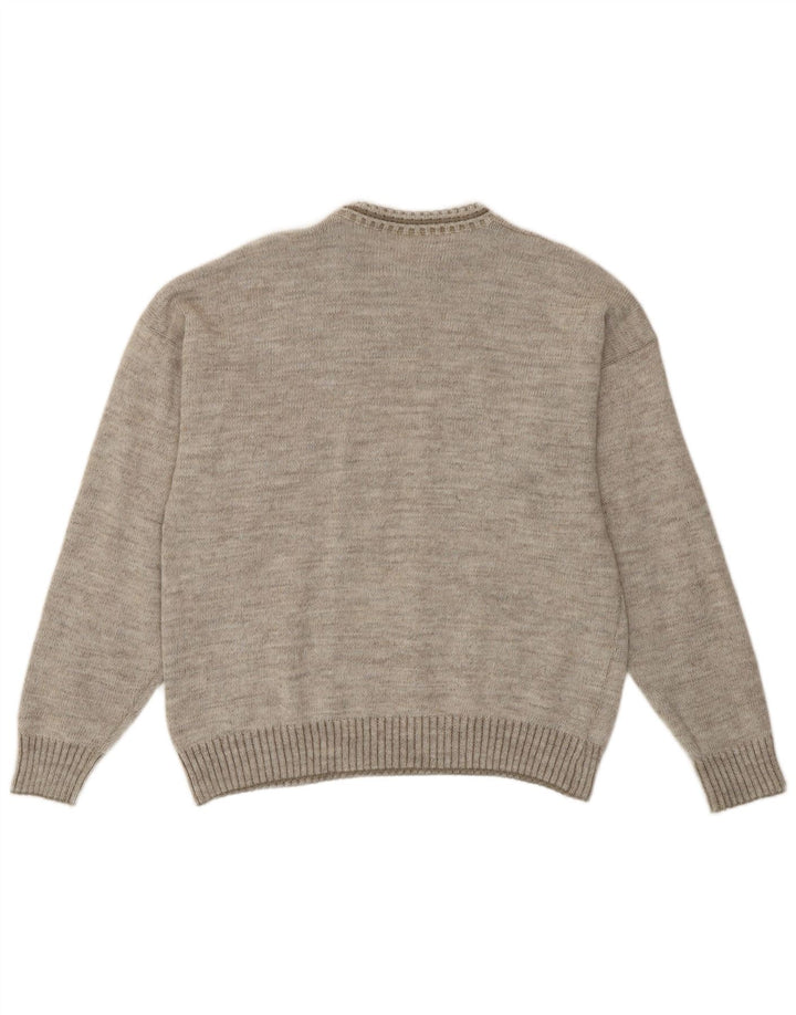 vintage Mens Crew Neck Jumper Pull Moyen Gris Géométrique Rétro