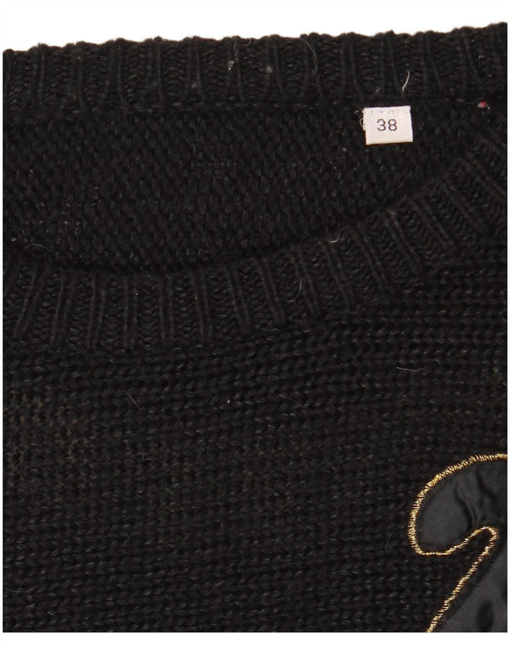 VINTAGE Femme Crew Neck Jumper Pull EU 38 Medium Black Colourblock