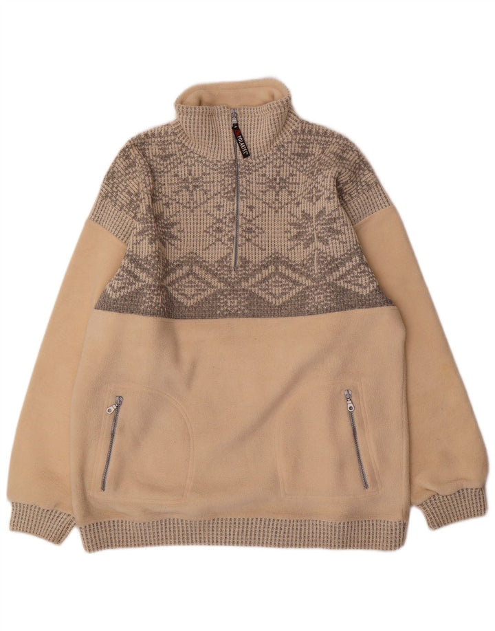 vintage Mens Zip Neck Fleece Jumper Grand Beige Fair Isle Polyester