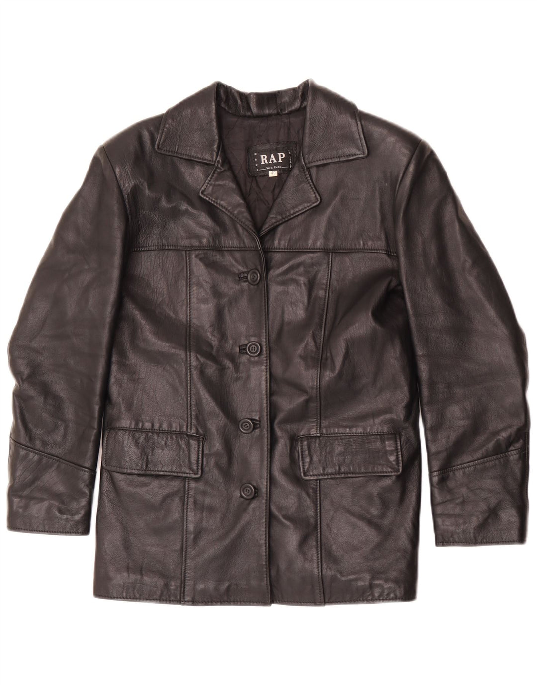vintage Femme Cuir 4 Bouton Blazer Veste IT 40 Petit Cuir Noir