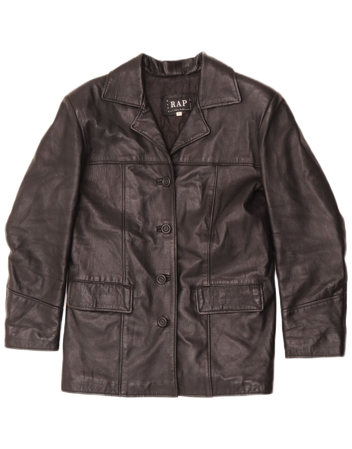 vintage Femme Cuir 4 Bouton Blazer Veste IT 40 Petit Cuir Noir