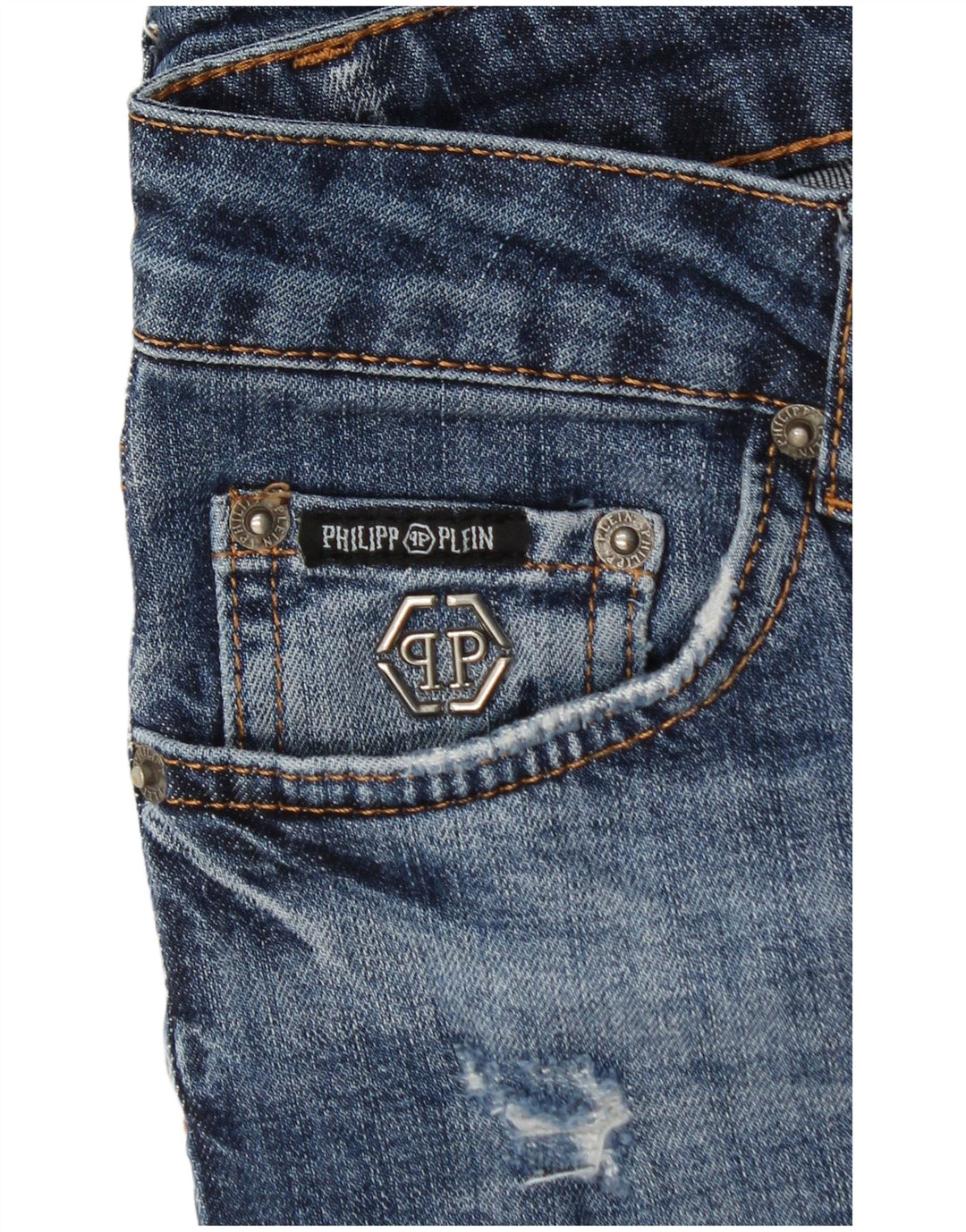 PHILIPP PLEIN Jean Slim Droit Effet Déchiré Femme W28 L30 Bleu Coton