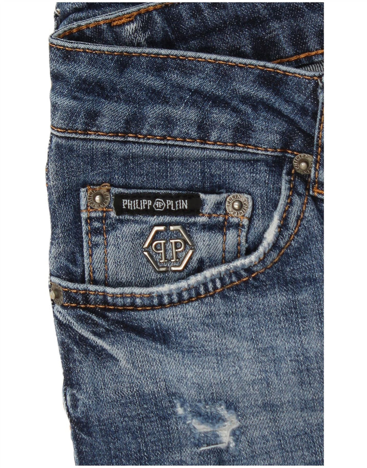 PHILIPP PLEIN Jean Slim Droit Effet Déchiré Femme W28 L30 Bleu Coton