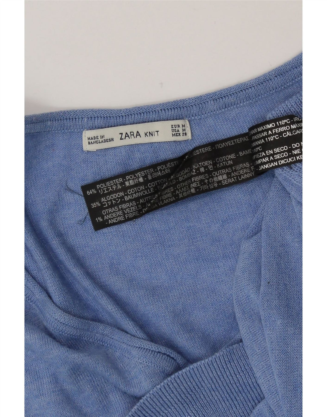 Zara Pull col V pour femme UK 14 Bleu moyen Polyester