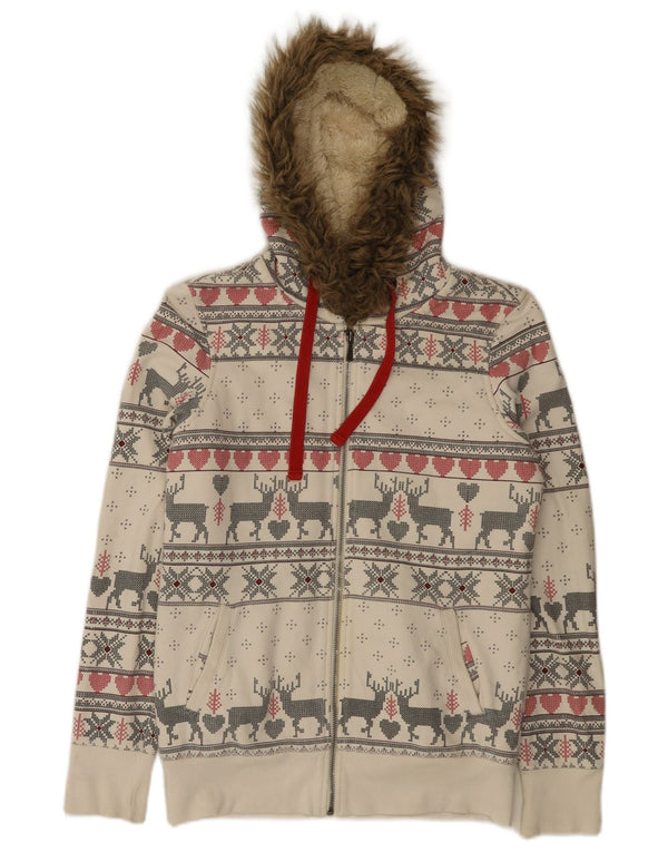 Marks & Spencer Pull à capuche zippé pour femme UK 10 Small Off White Fair Isle