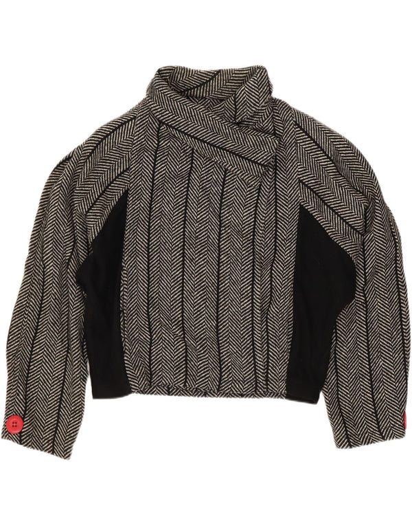 vintage Womens Crop Batwing Blazer Veste US 1 XS Laine à chevrons noire
