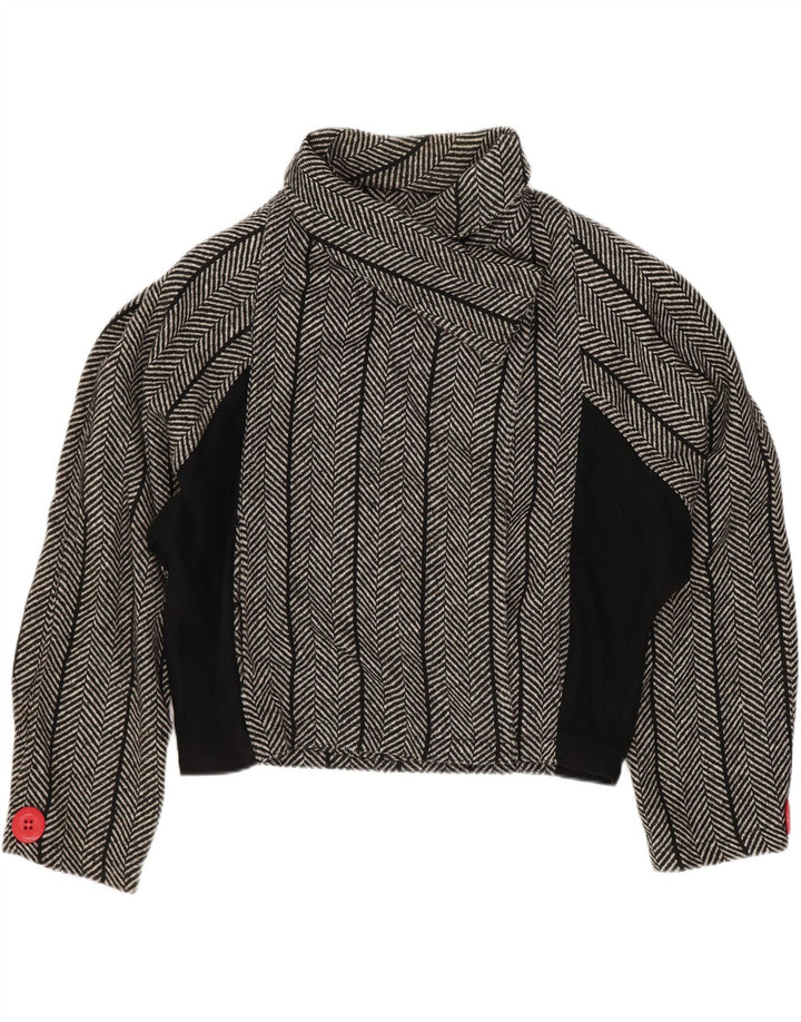 vintage Womens Crop Batwing Blazer Veste US 1 XS Laine à chevrons noire