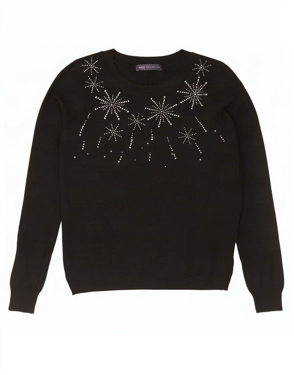 Marks & Spencer Womens Graphic Boat Neck Jumper Sweater UK 12 Medium Black