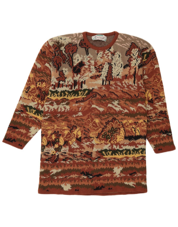 vintage Femmes Crew Neck Jumper Pull UK 14 Grand Brun Floral