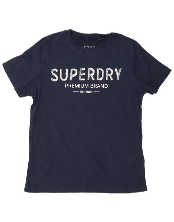 Superdry T-shirt graphique pour femme UK 12 Bleu marine moyen Coton