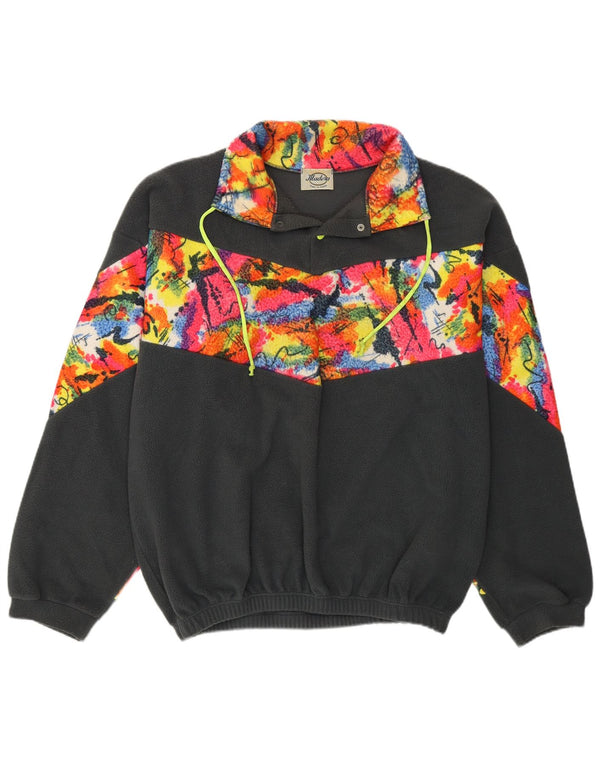 VINTAGE Pull polaire à col boutonné pour homme XL Gris Colorblock Polyester