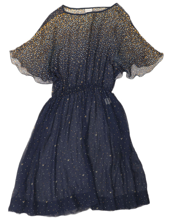 VINTAGE Femmes Batwing Maxi Robe UK 18 XL Bleu Marine Spotted Acétate