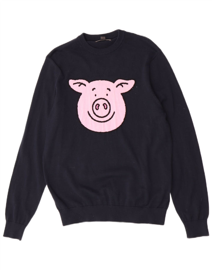 Marks & Spencer Pull Col Ras du Cou Homme Bleu Marine Moyen Imprimé Animal