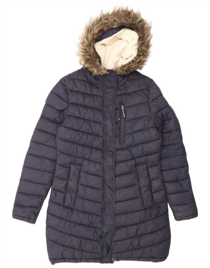 SUPERDRY Manteau rembourré à capuche pour femme UK 14 Medium Navy Blue Nylon