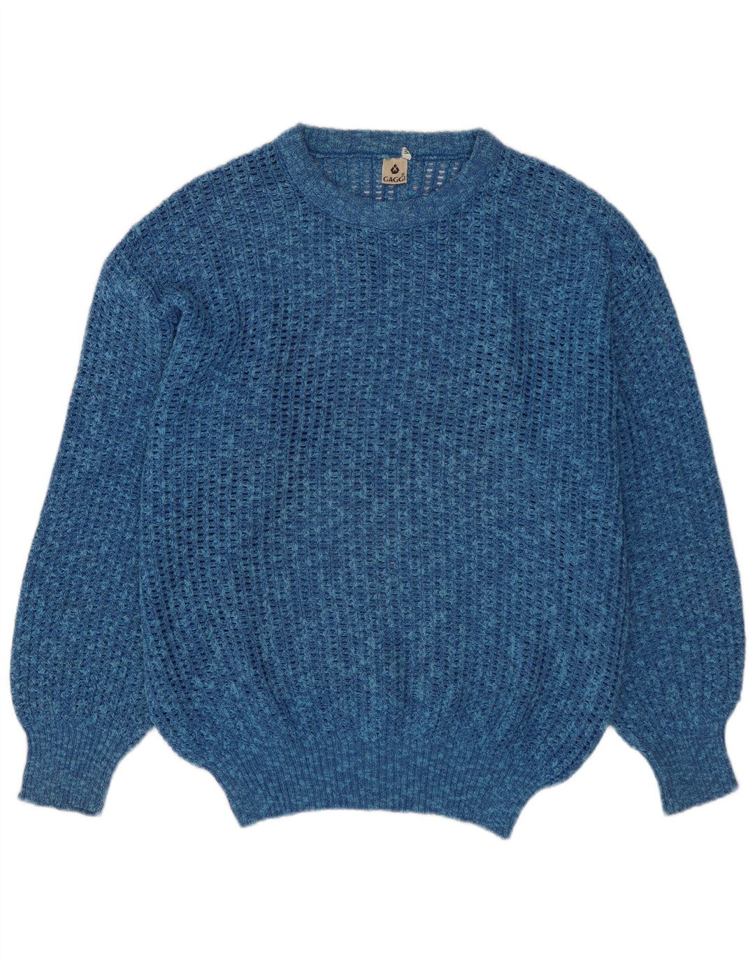 VINTAGE Pull col rond homme en coton moucheté bleu moyen