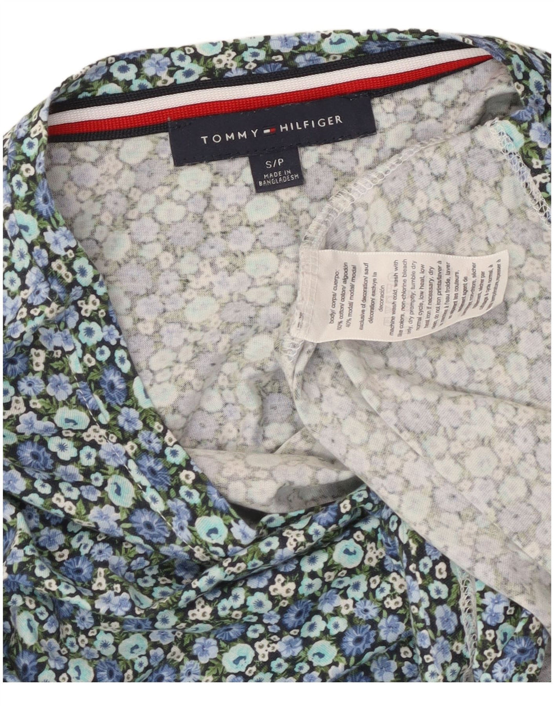 TOMMY HILFIGER Femmes Crop Blouse Top UK 10 Petit Bleu Floral Coton