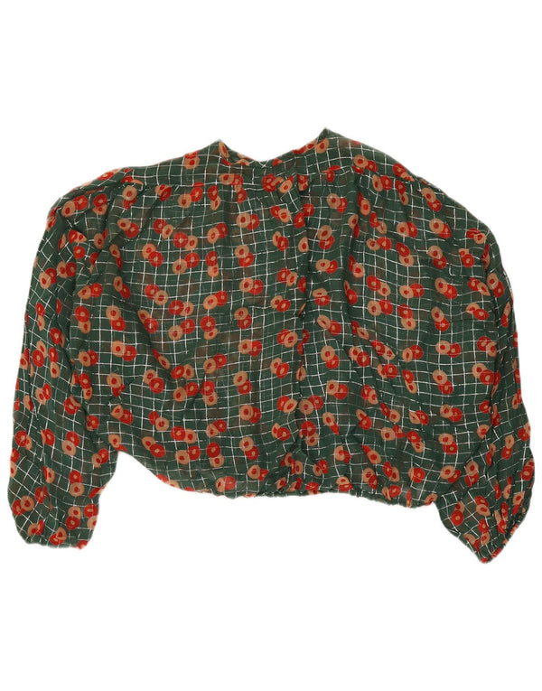vintage Femmes Surdimensionné Crop Blouse Top UK 14 Moyen Vert Floral
